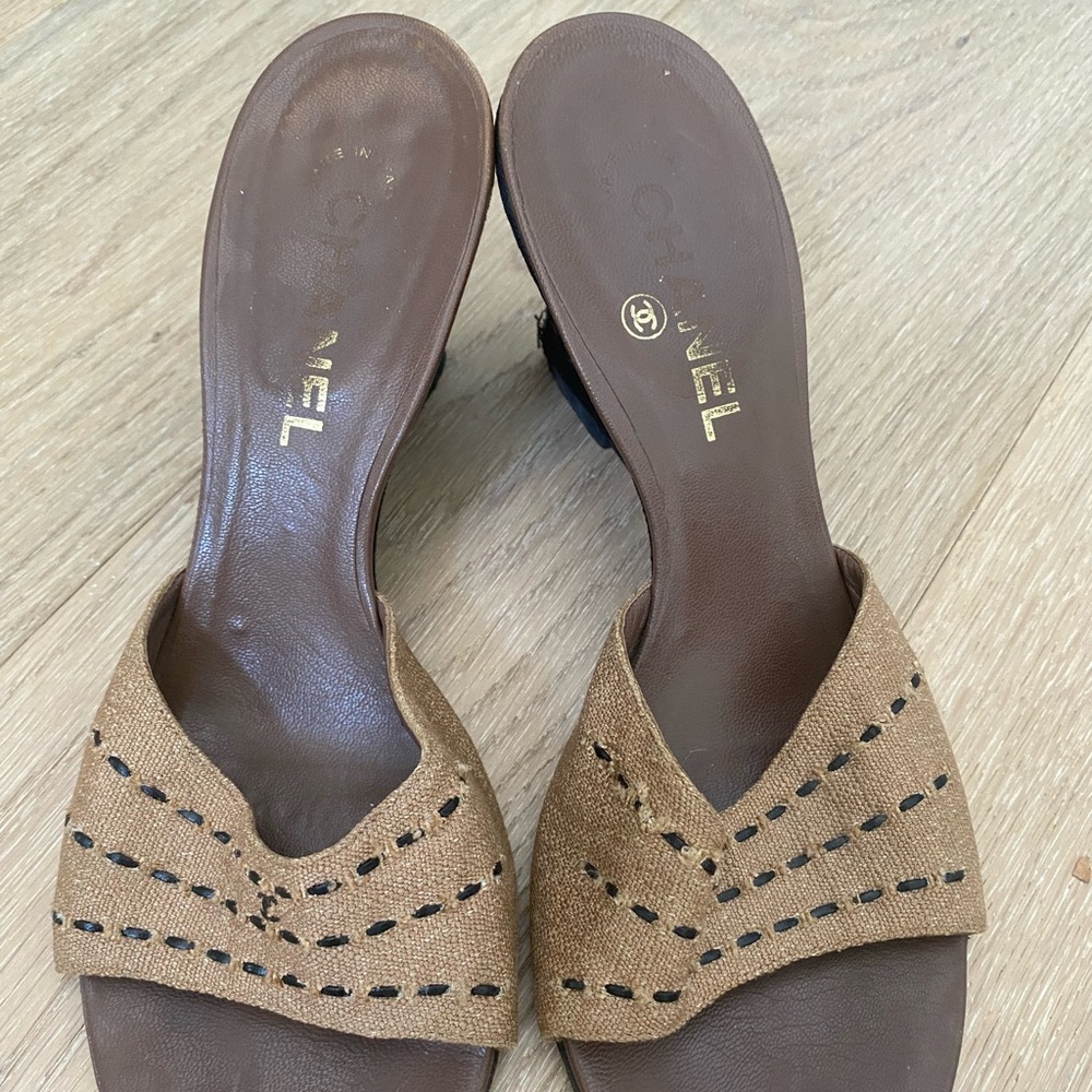 Chanel Leather Wedge Sandals 38 1/2 Ladies